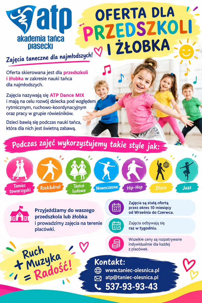 Ulotka „Oferta dla przedszkoli i żłobka”: zajęcia ATP Dance MIX raz w tygodniu, od września do czerwca, w siedmiu stylach tańca: od tańca towarzyskiego po jazz. Cena ustalana z każdą placówką