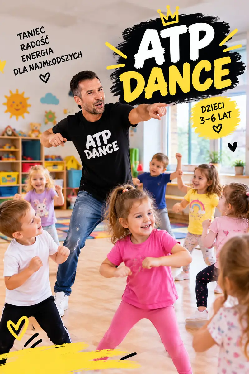 Plakat „ATP Dance. Taniec, radość, energia dla najmłodszych. Dzieci 3–6 lat”: instruktor tańczy z przedszkolakami