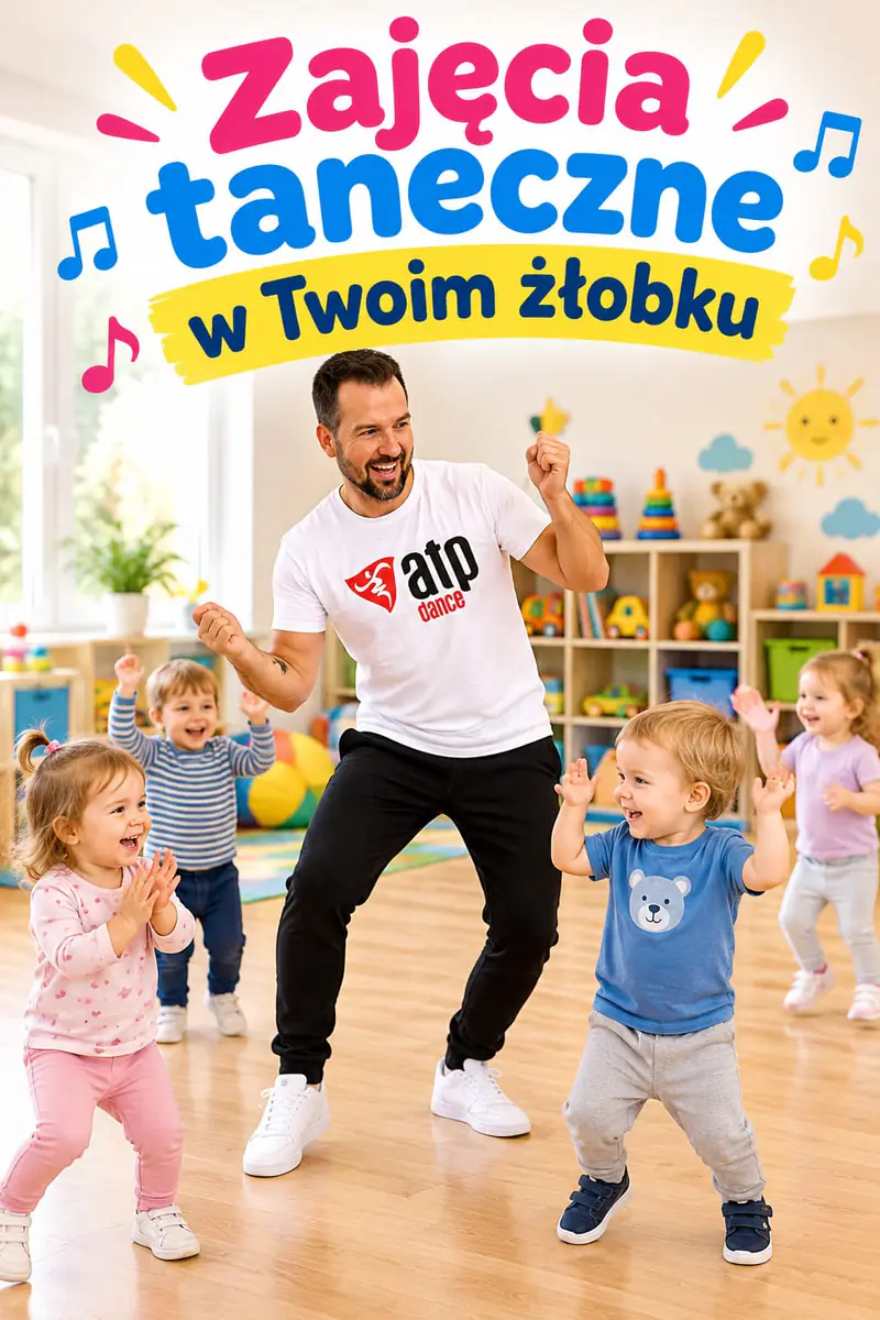 Plakat „Zajęcia taneczne w Twoim żłobku”: instruktor ATP tańczy z maluchami