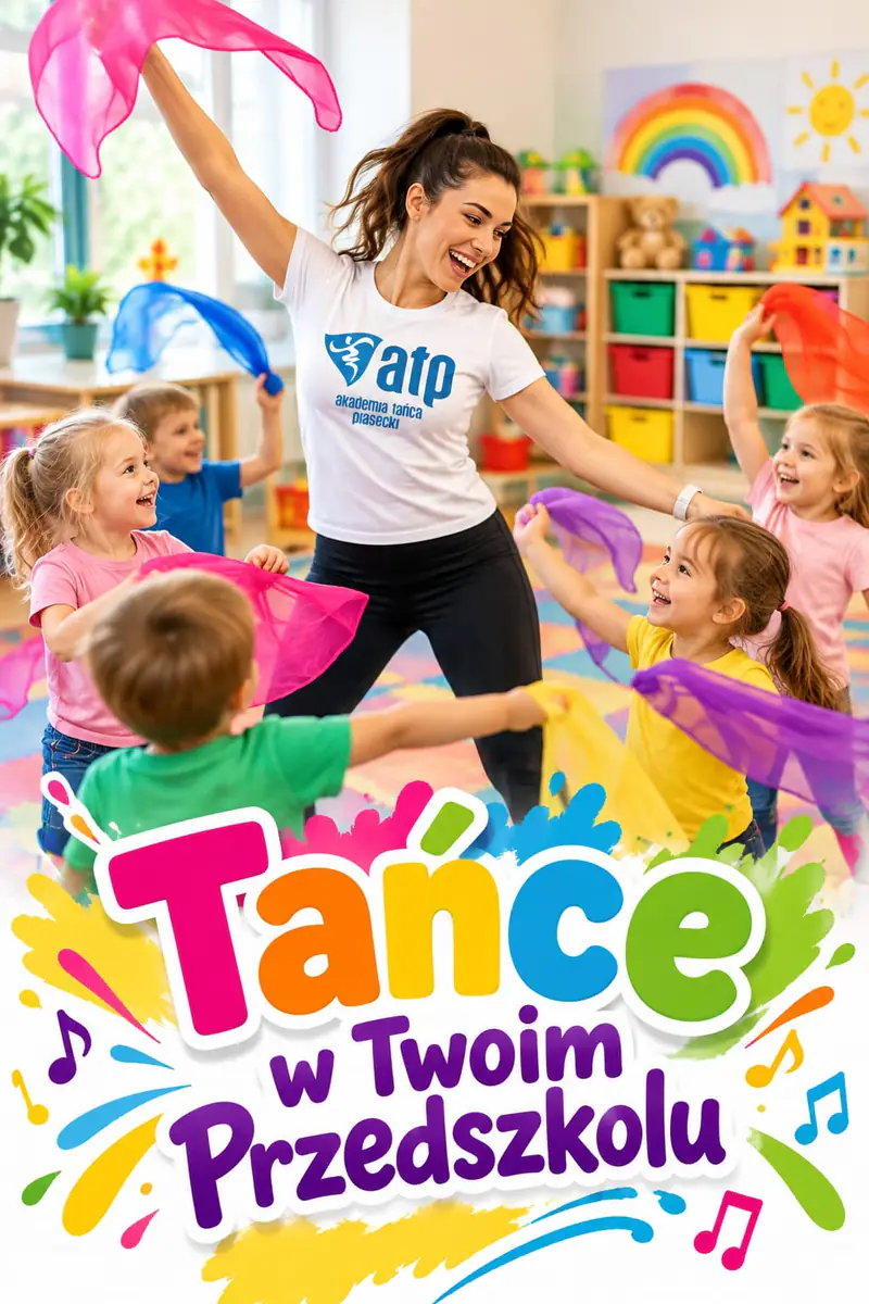 Plakat „Tańce w Twoim przedszkolu” w kolorowej wersji: dzieci tańczą z chustami