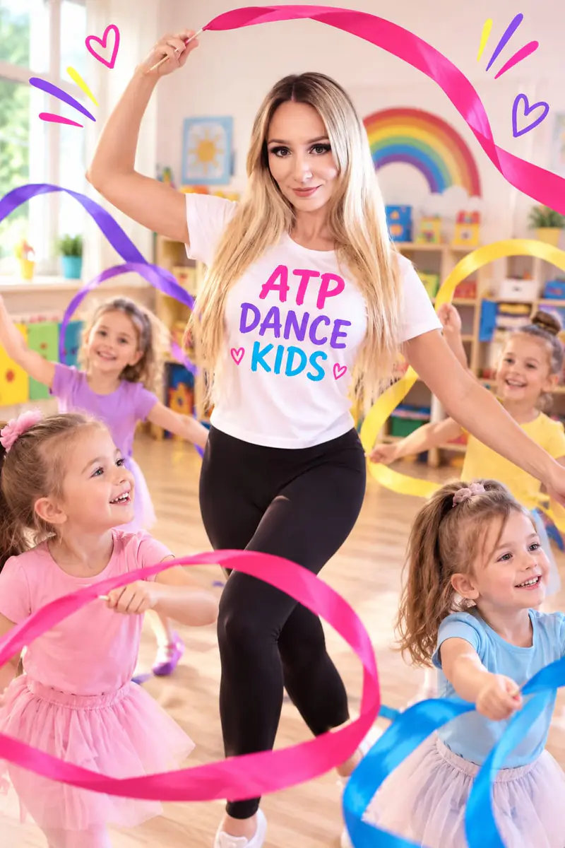 Plakat ATP Dance Kids: instruktorka i dziewczynki tańczą z kolorowymi wstążkami