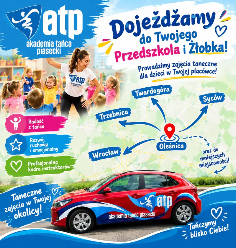 Plakat „Dojeżdżamy do Twojego przedszkola i żłobka!”: zajęcia taneczne dla dzieci w placówce. Mapka z dojazdem z Oleśnicy do Wrocławia, Trzebnicy, Twardogóry, Sycowa i mniejszych miejscowości. Radość z tańca, rozwój ruchowy i emocjonalny, profesjonalna kadra instruktorów